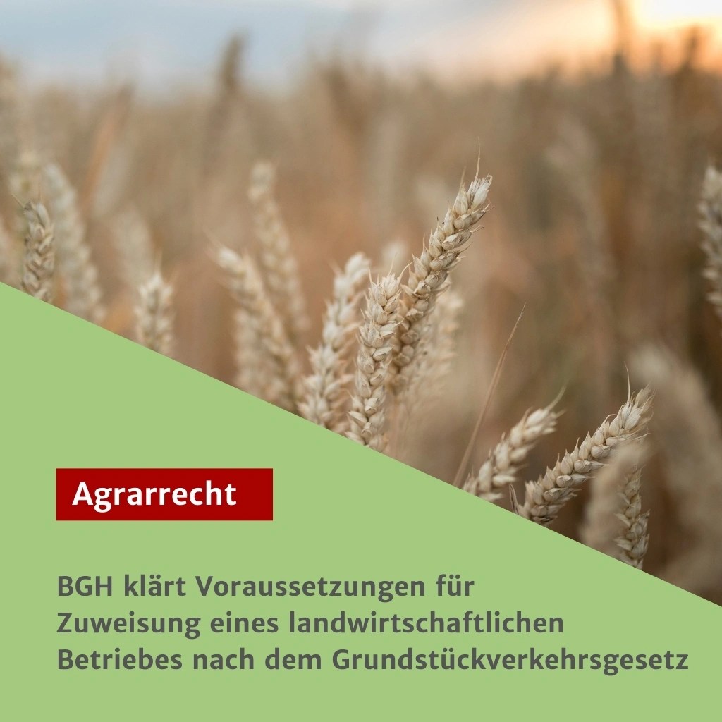 BGH klärt Voraussetzungen für die Zuweisung eines landwirtschaftlichen Betriebes nach dem Grundstückverkehrsgesetz